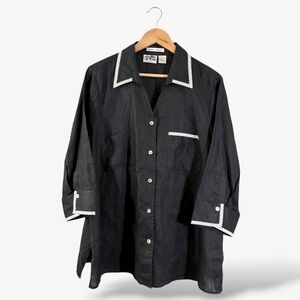 Black Irish Linen Button Down Shirt Edward Woman 2X White Polka Dot Minimalist